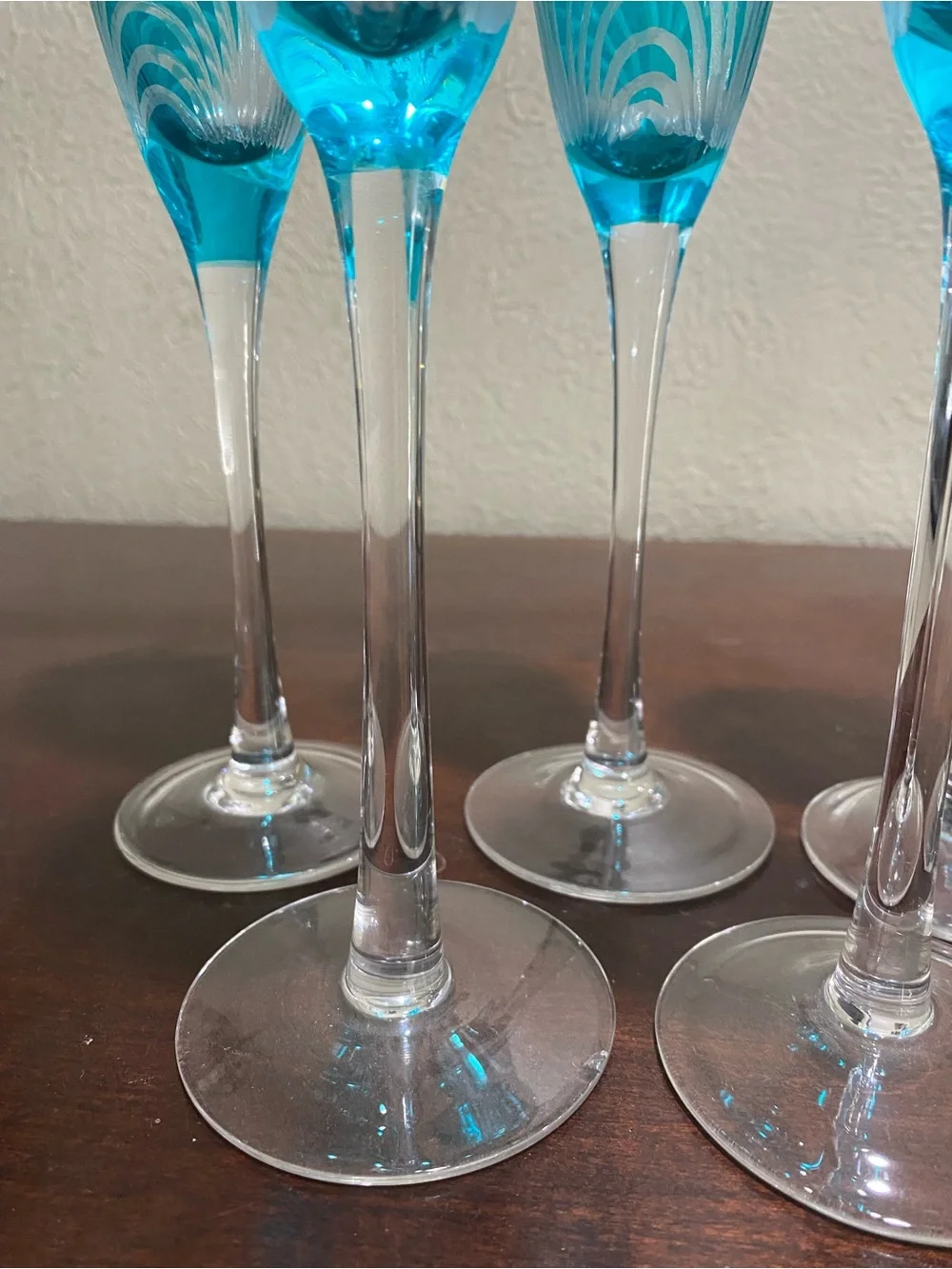 Vintage, Set of 5, Pier 1, Pavo Aqua Crystal Champagne Glasses
